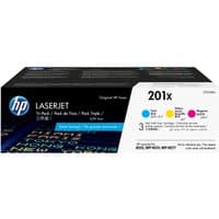 HP 201X 3-pack LaserJet toner cartridges in black box with cyan, magenta, yellow color dots and HP logo.