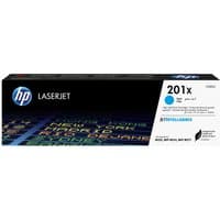 Black HP 201X cyan toner cartridge box with blue accents and LaserJet branding.