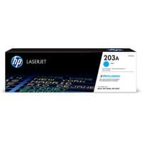 HP 203A Cyan LaserJet toner cartridge box with blue HP logo and colorful text design.