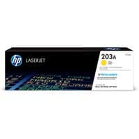Black HP 203A Yellow LaserJet toner cartridge box with blue HP logo and colorful graphics.