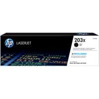 HP 203X black toner cartridge box with HP logo, LaserJet label, and colorful text design on black background.