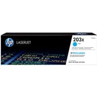 HP 203X cyan toner cartridge box, black with blue HP logo and colorful text pattern.