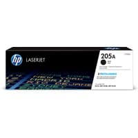 HP 205A black LaserJet toner cartridge in white and black box with blue HP logo and product details.