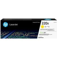 HP 220X Yellow LaserJet toner cartridge box with blue HP logo and colorful text pattern.