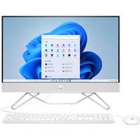 All-in-one HP desktop with 23.8" screen, slim white bezel, white keyboard, and mouse, displaying Windows interface.