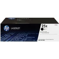Black HP 25X LaserJet toner cartridge box with blue HP logo and white label detailing high yield capacity.