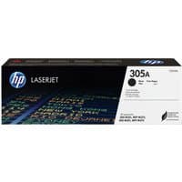 Black HP 305A LaserJet toner cartridge box with colorful digital graphics and HP logo.