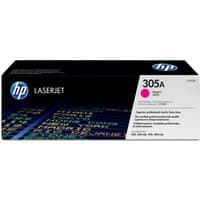 HP 305A magenta LaserJet toner cartridge in black box with colorful text and HP logo.