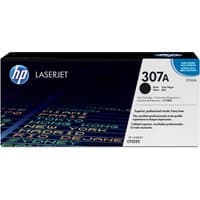 Black HP 307A LaserJet toner cartridge box with blue HP logo and colorful text pattern.