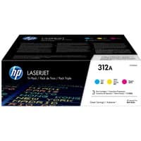 HP 312A Cyan Tri-Pack LaserJet Toner Cartridge box with blue HP logo and colorful text design.