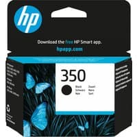 Black HP 350 ink cartridge box with blue butterflies and HP logo on top.