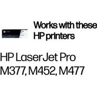 HP 410A Cyan LaserJet toner cartridge box with blue accents, compatible with HP LaserJet Pro M377, M452, M477.