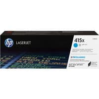 HP 415X cyan LaserJet toner cartridge box with blue accents and HP logo on black background.