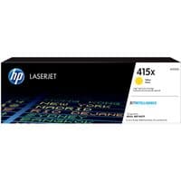 HP 415X yellow toner cartridge box with blue HP logo and colorful text pattern on black background.