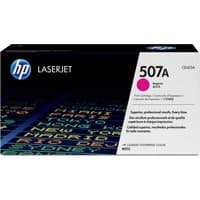 HP 507A magenta LaserJet toner cartridge box with colorful text and HP logo on black background.