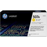 Black HP 507A Yellow LaserJet toner cartridge box with blue HP logo and yellow color indicator.