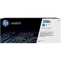 HP 508X cyan toner cartridge box with blue HP logo and colorful text pattern.