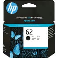 HP 62 Black Original Ink Cartridge in black and blue packaging with butterfly design and HP logo.