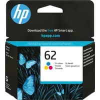 HP 62 Tri-color Original Ink Cartridge with blue butterflies on black background packaging.