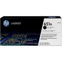 HP 651A Black LaserJet toner cartridge box with colorful text and HP logo on black and white design.