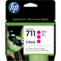 HP 711 3-pack magenta ink cartridges in black box with green accents and dragonfly image.