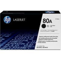 HP 80A Black LaserJet toner cartridge box with blue HP logo and black text on a dark background.