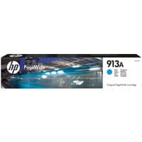 HP 913A Cyan PageWide Cartridge, rectangular box with blue dot and HP branding on white and black packaging.