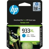 HP 933XL cyan ink cartridge in black and green packaging with HP logo and QR code.