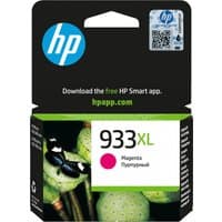 HP 933XL magenta ink cartridge in black and green packaging with HP logo and QR code.