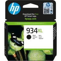 Black HP 934XL ink cartridge box with green accents, HP logo, and QR code on top.