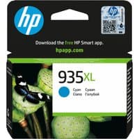 HP 935XL cyan ink cartridge box with butterfly image, HP logo, and QR code on black and green packaging.