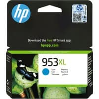 HP 953XL cyan ink cartridge in black and green packaging with HP logo and blue ink droplet icon.