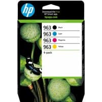 HP 963 4-pack ink cartridges in black, cyan, magenta, yellow with lotus design on packaging.