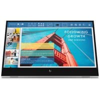 HP E14 G4 Portable Monitor, slim black bezel, 14-inch display, vibrant screen showing colorful bridge and text.