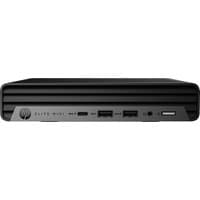 Black HP Elite Mini desktop with front USB ports, power button, and sleek horizontal vent design.