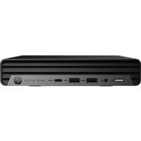 Compact black HP Elite Mini PC with front USB ports, power button, and sleek horizontal vent design.