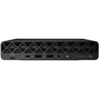 Black HP EliteDesk mini PC with diamond-patterned front, power button, USB ports, and Ryzen logo.