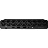 Black HP EliteDesk 8 Mini PC with diamond-patterned front, multiple ports, and power button on the left.