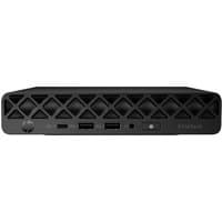 Black HP EliteDesk mini PC with diamond-patterned front, multiple USB ports, and power button on the front panel.