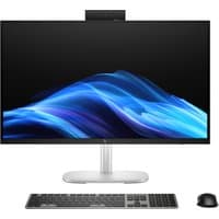 HP EliteStudio 8 All-in-One 27" desktop, slim bezel, silver stand, wireless keyboard and mouse, sleek design.