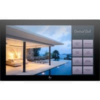 HP Engage 16t FHD Monitor, sleek black frame, displaying a luxury poolside scene and control panel on the right.