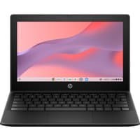Black HP Chromebook with 11.6-inch screen, black keyboard, and HP logo below display.