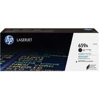 HP LaserJet 659A black toner cartridge box with colorful text design and HP logo on black and white packaging.
