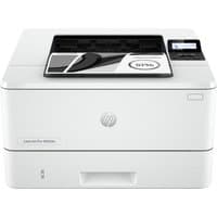 White HP LaserJet Pro 4002dw printer with LCD screen, paper tray, and compact design.