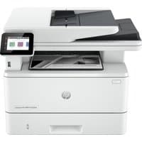 White HP LaserJet Pro MFP 4102dw printer with touchscreen, paper tray, and document feeder.