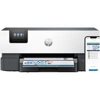 HP OfficeJet Pro 9110b wireless color printer, sleek black and white design, touchscreen, two-sided printing feature.