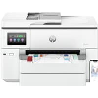 White HP OfficeJet Pro 9730e printer with touchscreen, paper tray, and wireless connectivity features.