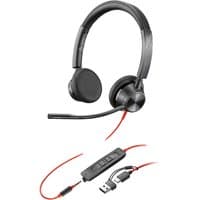 Black HP Poly Blackwire 3325 stereo headset with USB-C, 3.5mm plug, USB-C/A adapter, and adjustable boom mic.