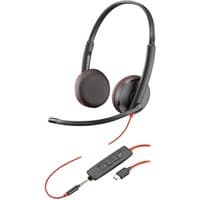 Black HP Poly Blackwire C3225 USB-A headset with dual ear cups, adjustable headband, and inline control panel.