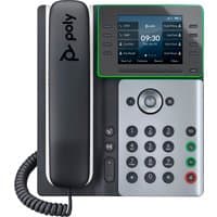 Black and silver HP Poly Edge E320 IP Phone with color display, keypad, and coiled cord handset.